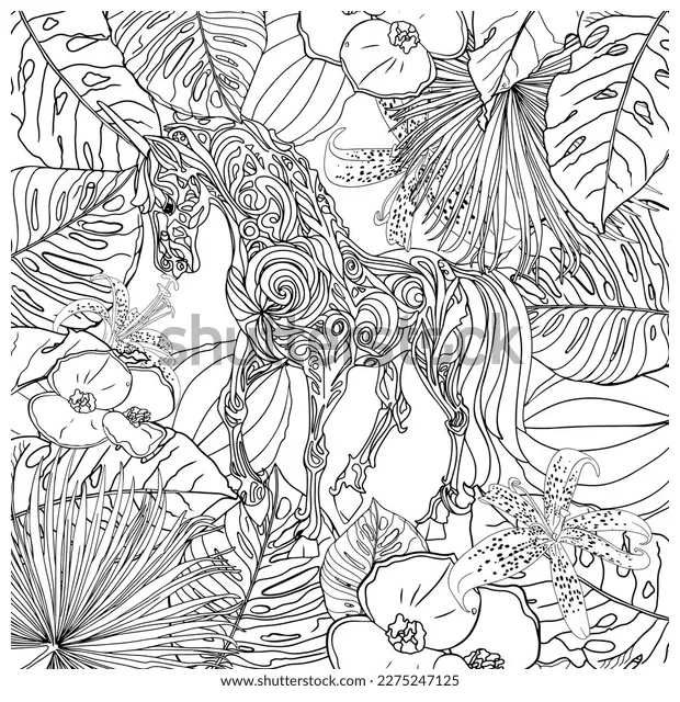 Antistress coloring page magical unicorn galloping stock vector