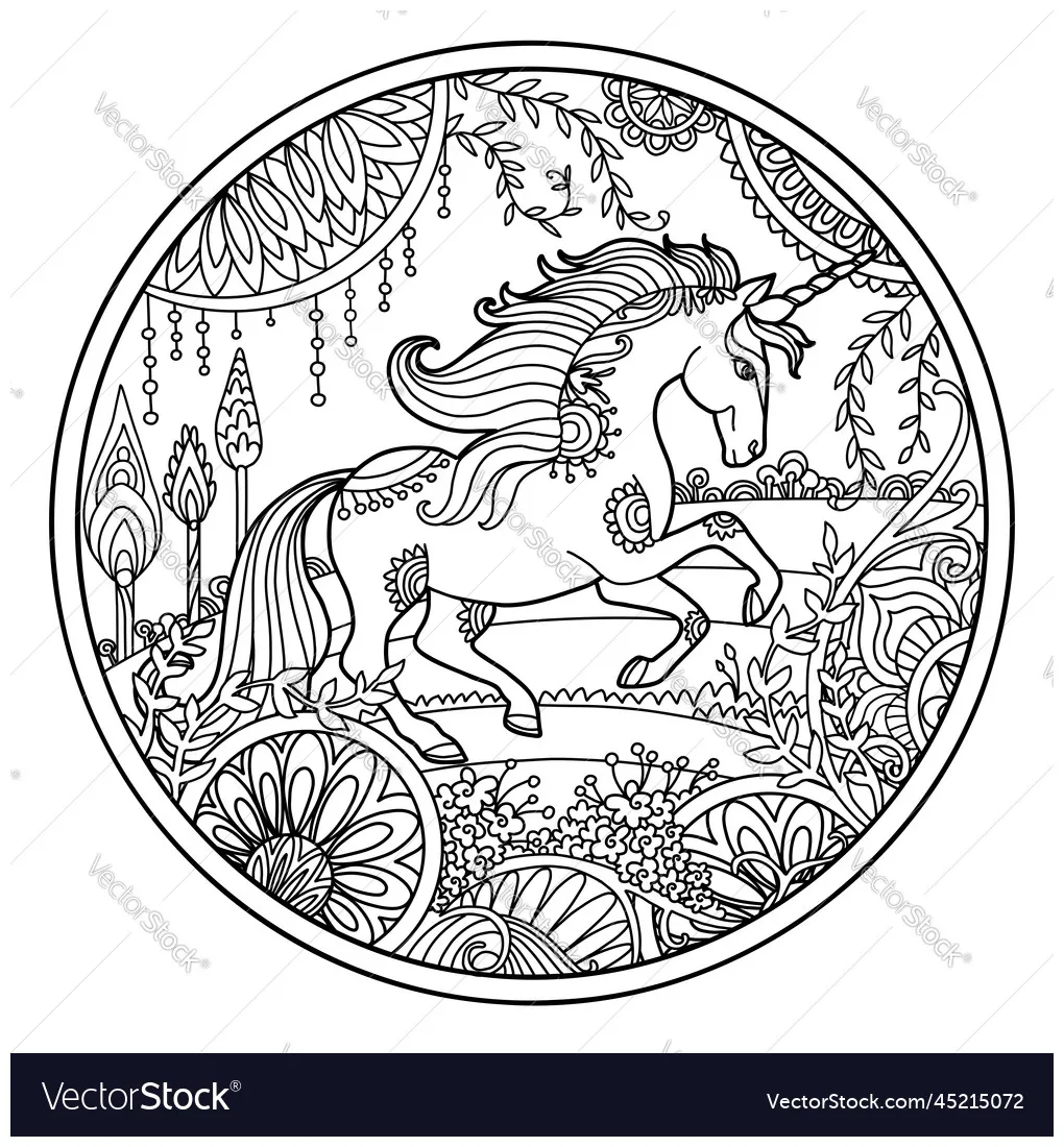 Galloping unicorn round coloring isolated vector printable coloring page