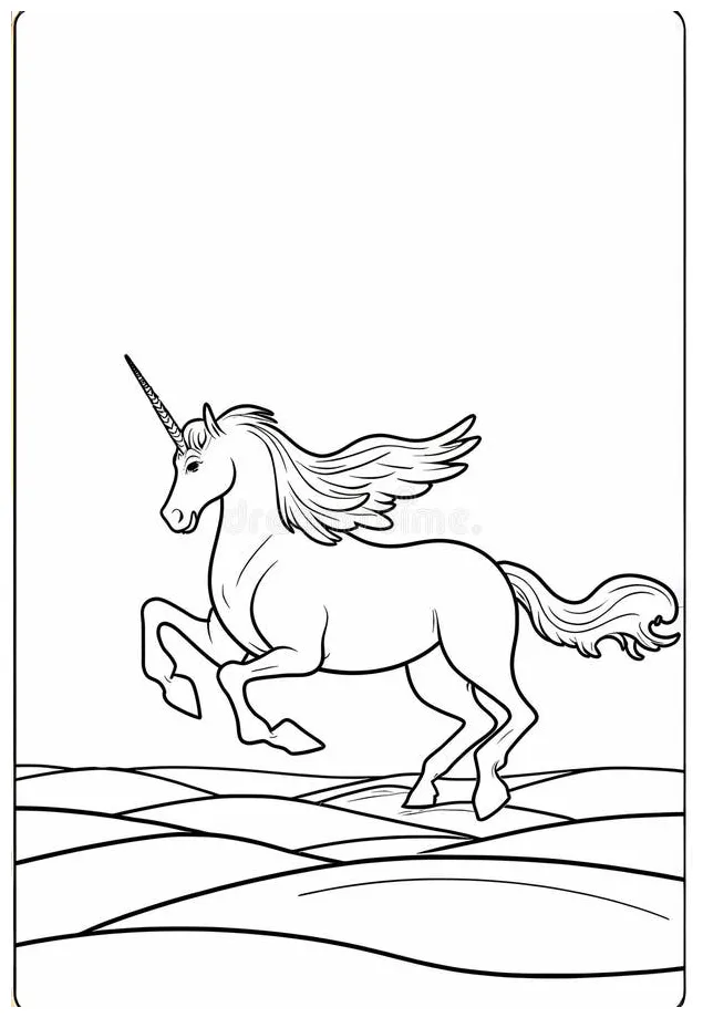 Coloring page of a majestic winged unicorn galloping across a grassy