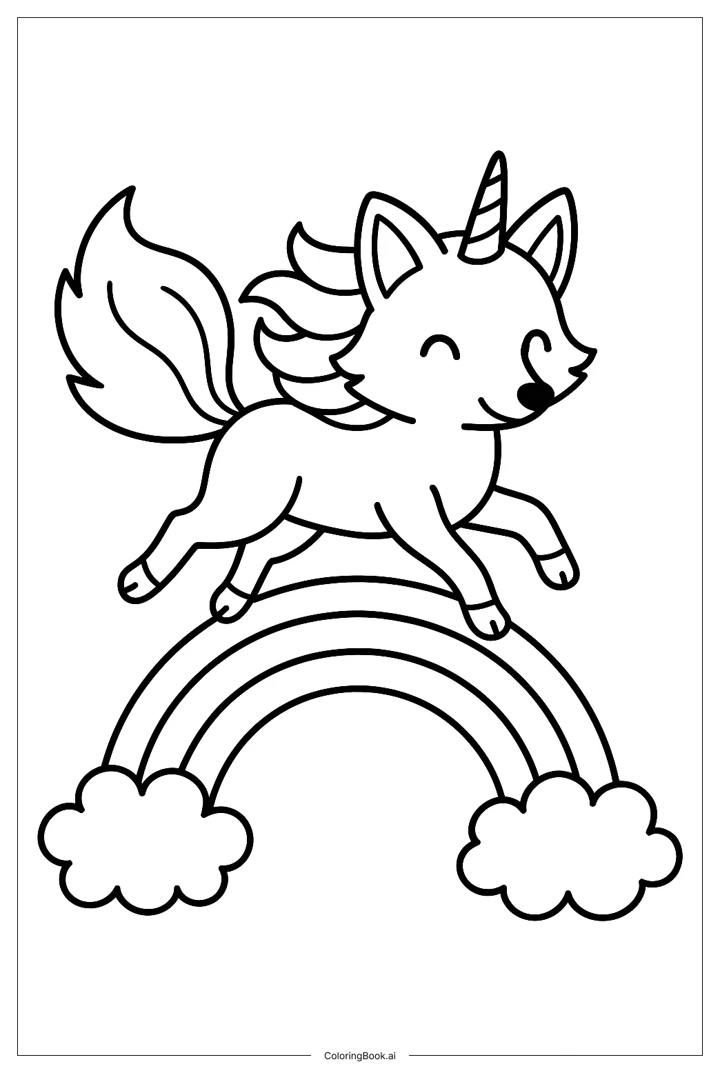 Unicorn fox galloping on rainbow coloring page free pdf&png printable