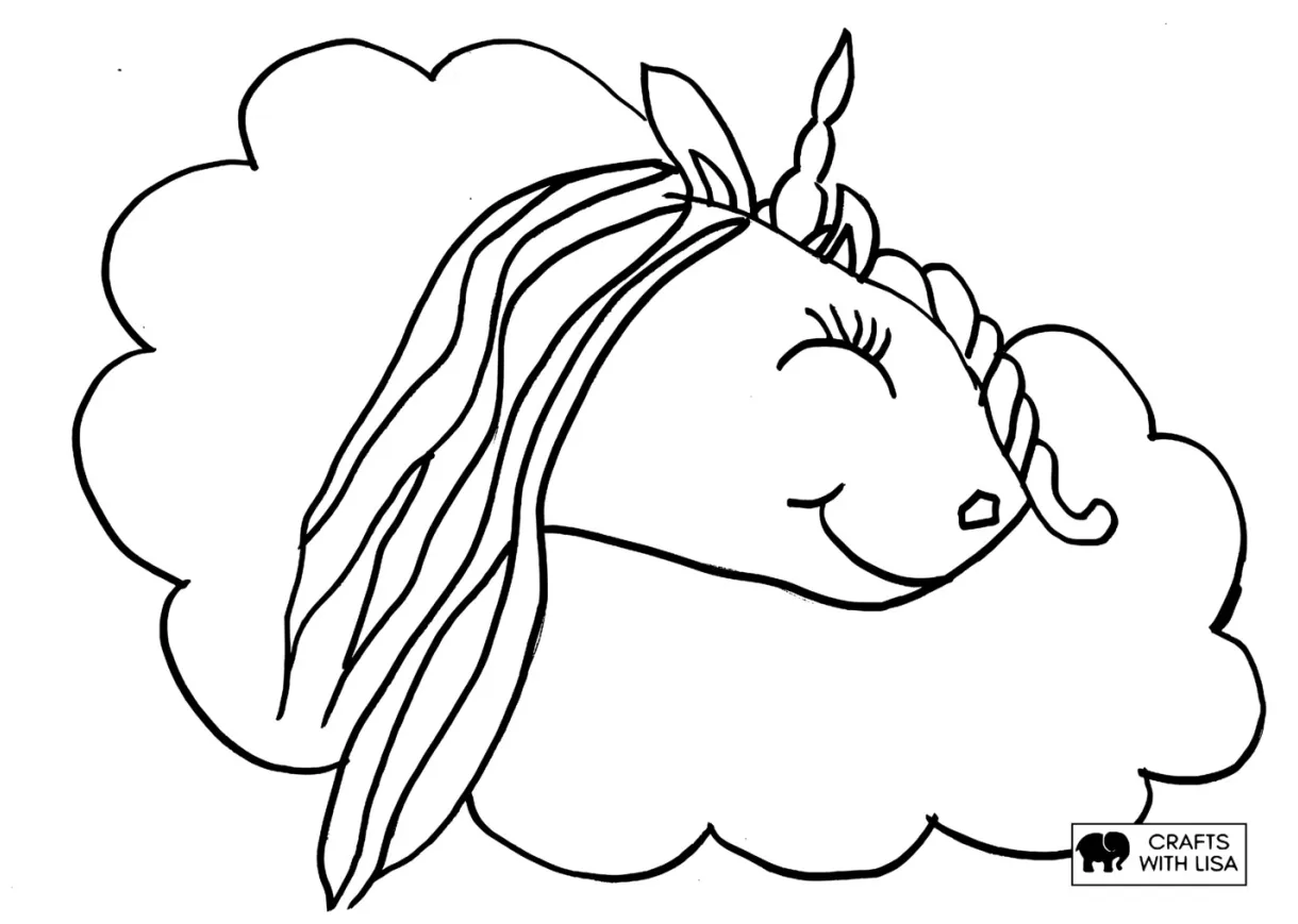 Unicorn head in cloud coloring page crafts with lisa