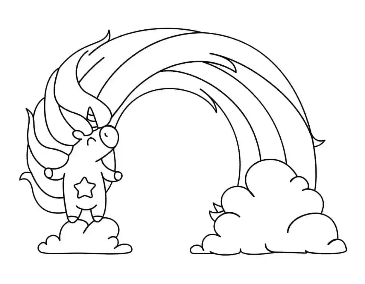Cartoon unicorn with rainbow coloring page download, print or color
