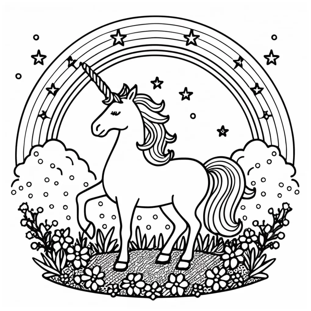 Unicorn and rainbow coloring page download, print or color online for