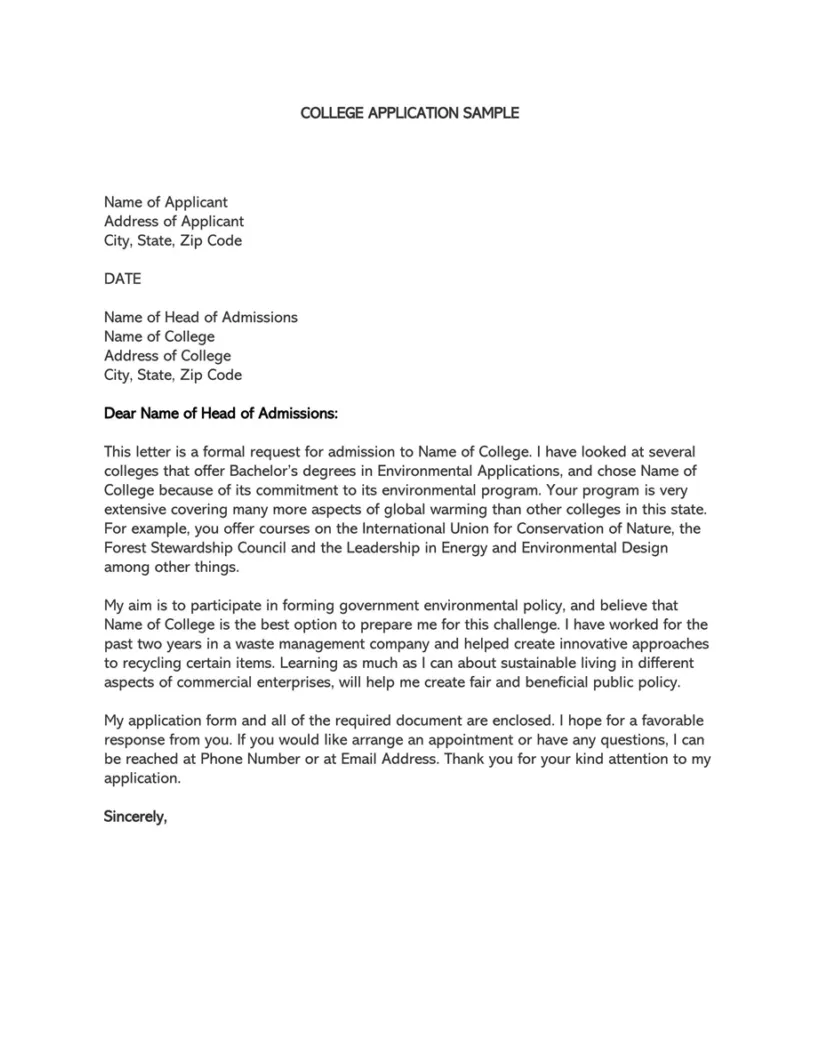 Free college admission application letter templates