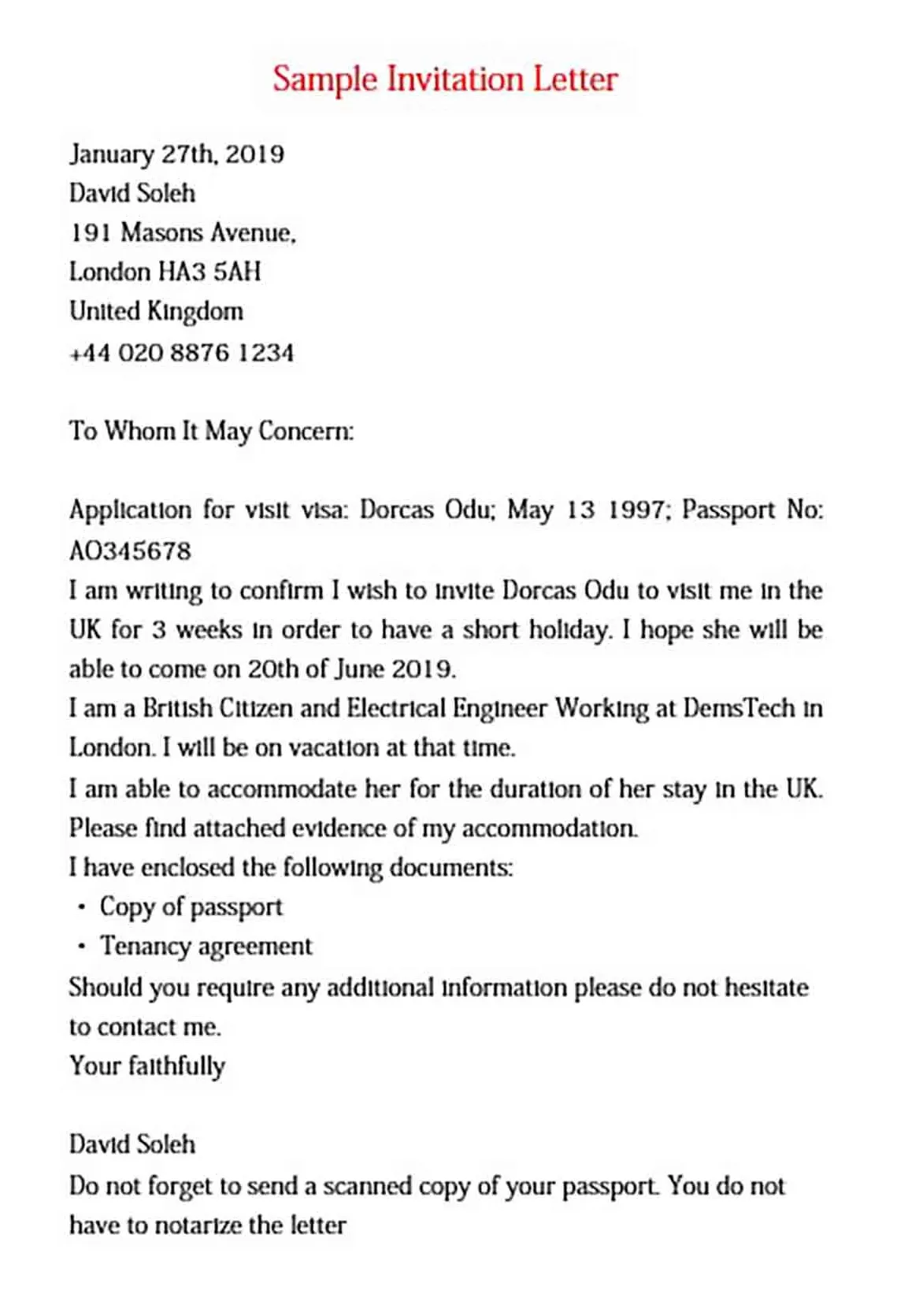 Sample lettering, sample of invitation letter