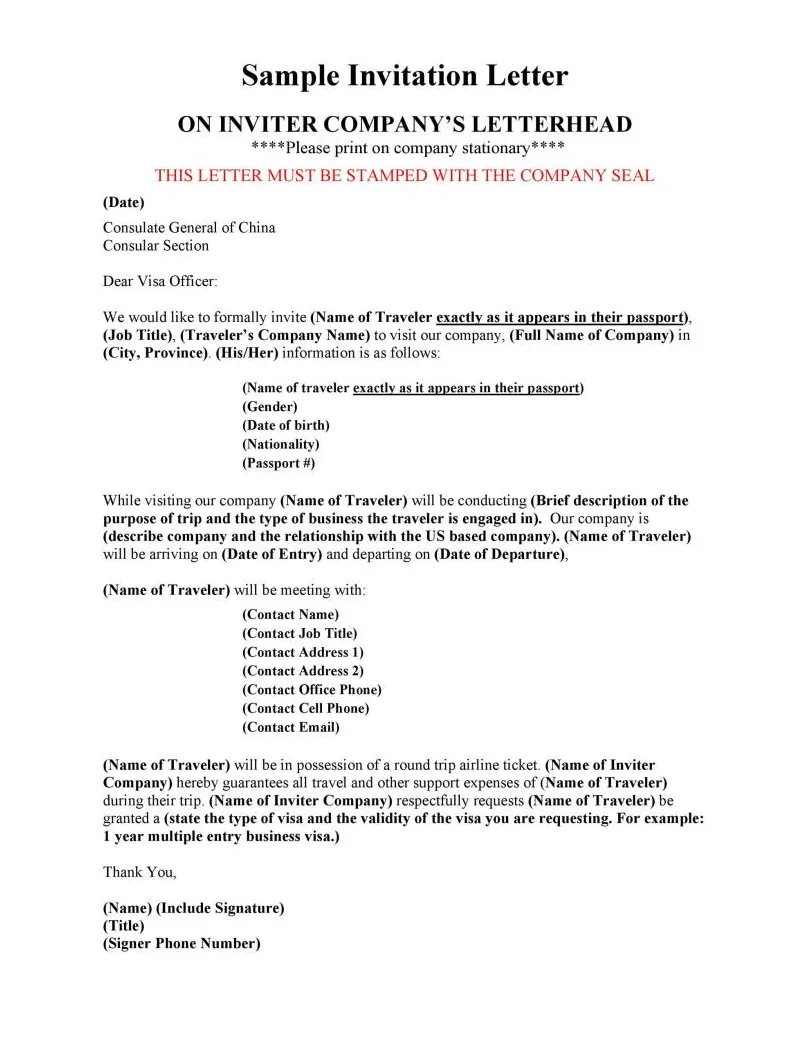 Letter of invitation for visa template