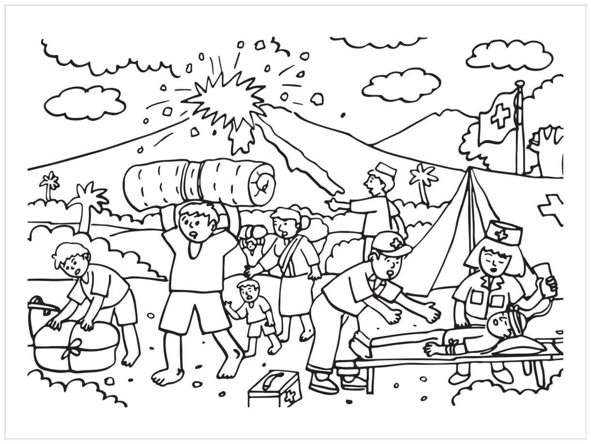 Vector illustration of people help each other when a volcanic eruption