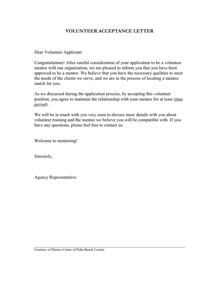Volunteer acceptance letter in word and pdf formats
