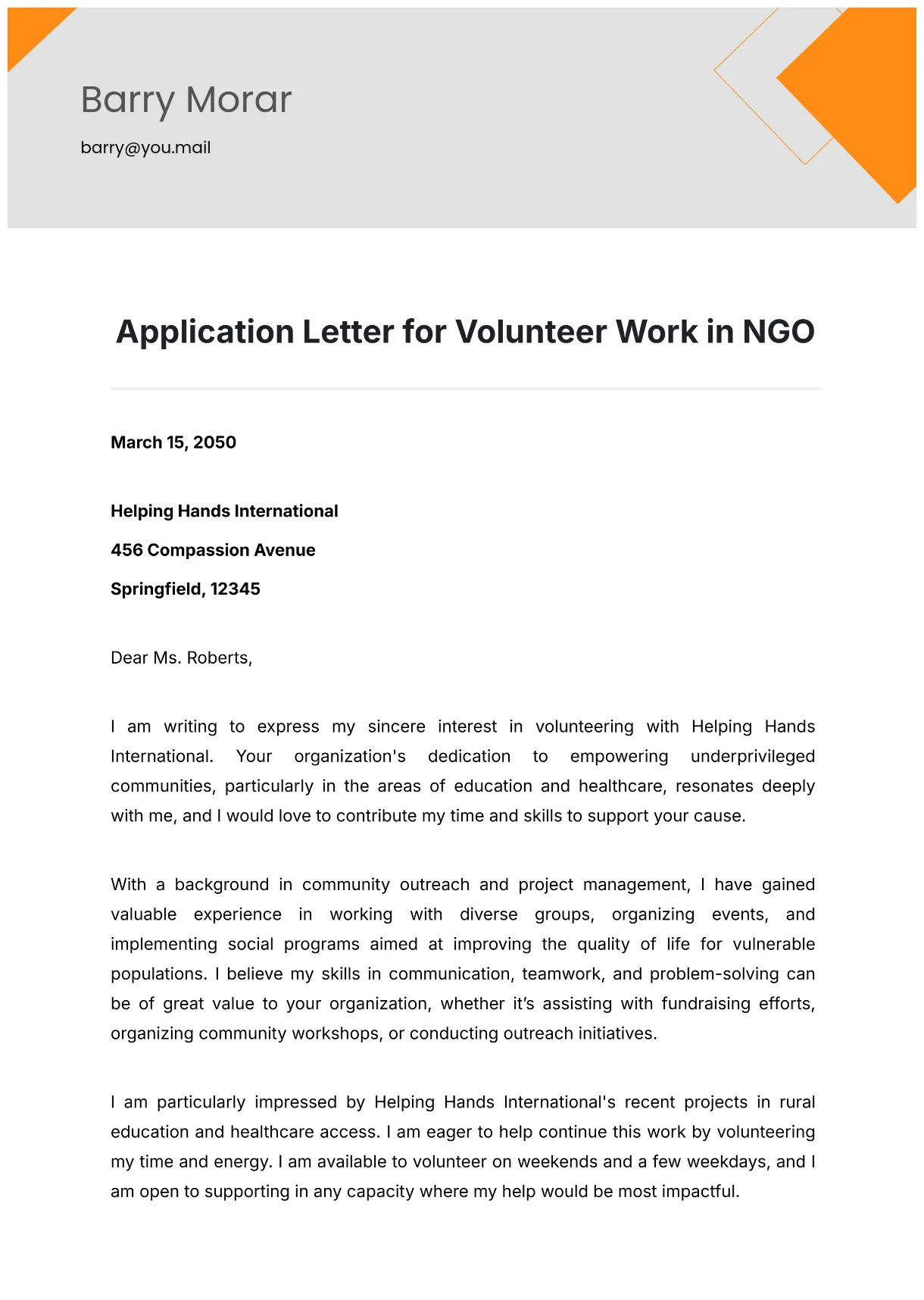 Free application letter for volunteer work in ngo template to edit online