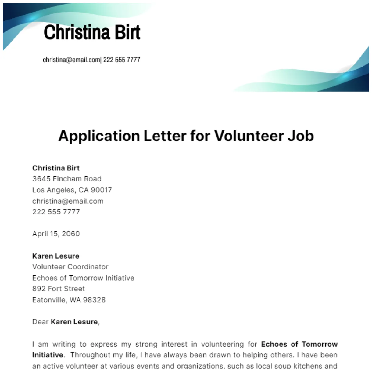 Free application letter for volunteer job template to edit online