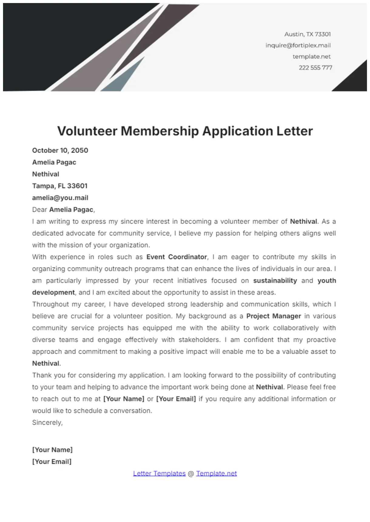 Free volunteer membership application letter template to edit online