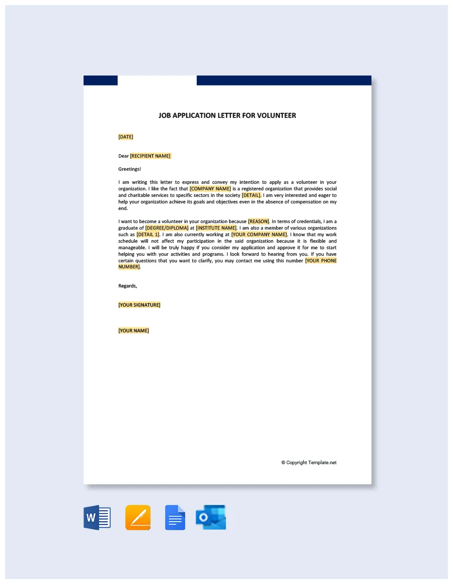 Job application letter for volunteer template google docs, word printable coloring page