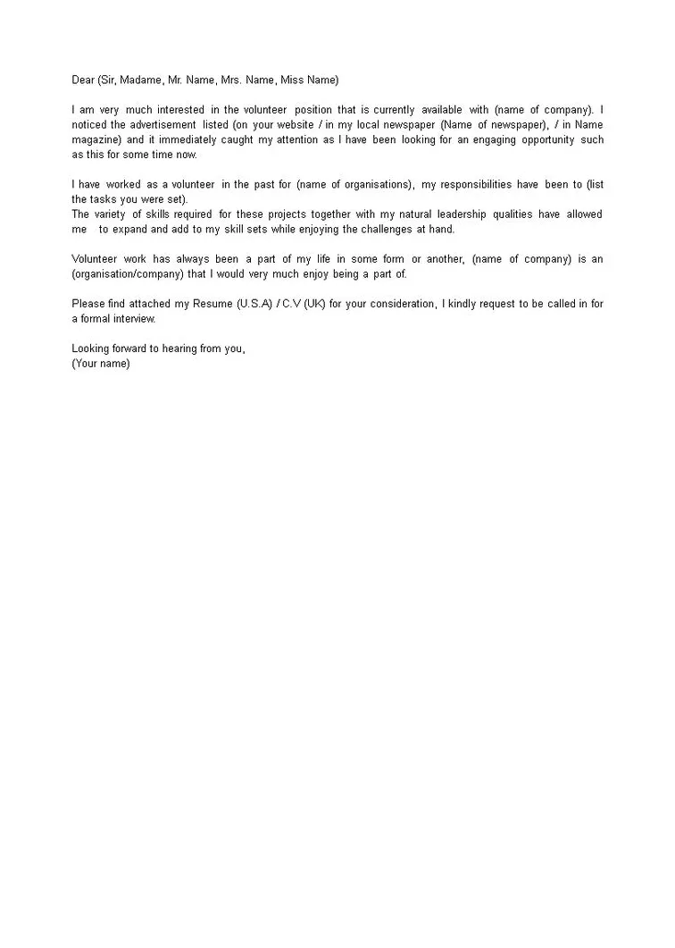 Volunteer work application letter template