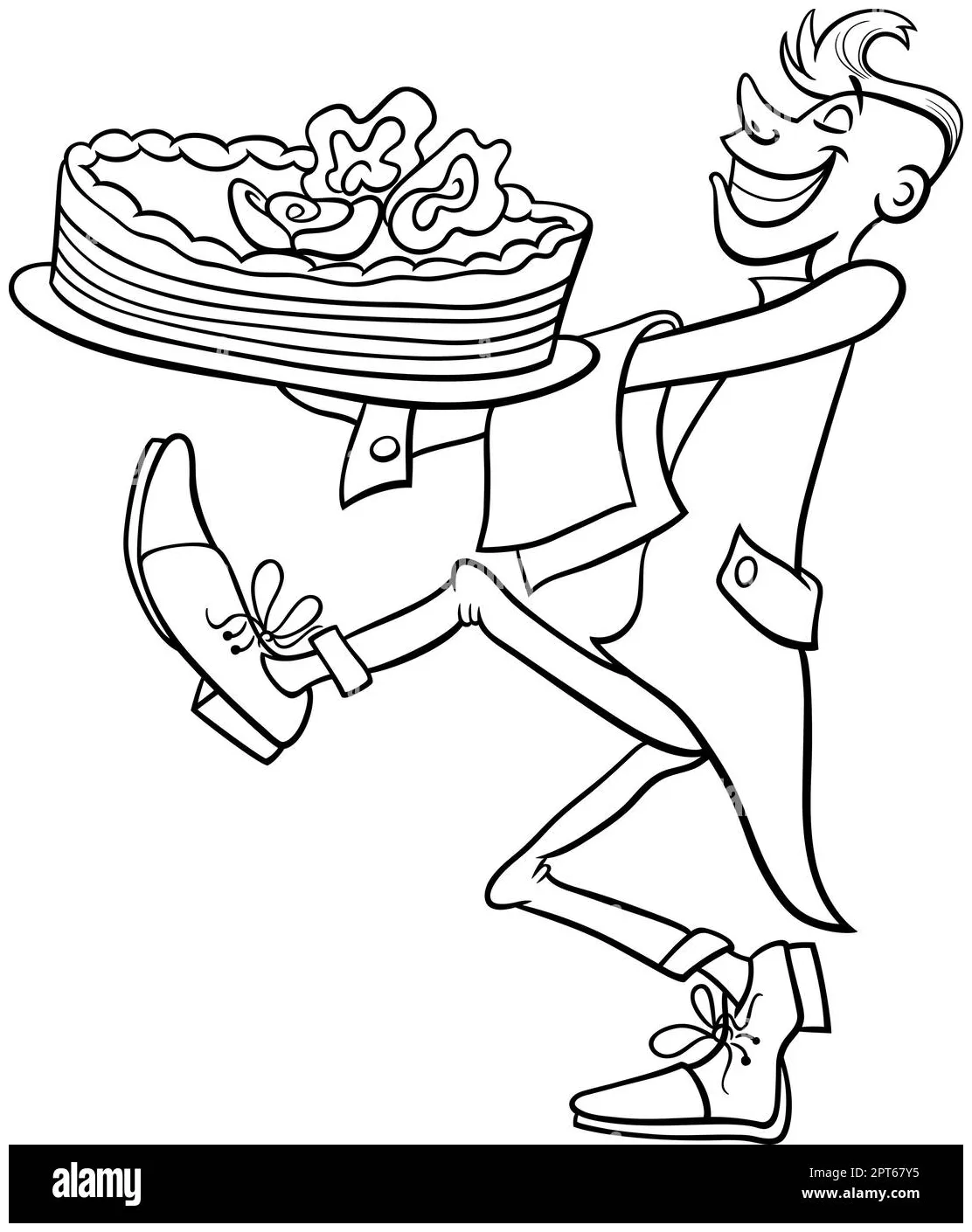 Cartoon waiter serving a big cake coloring page stock vector printable coloring page