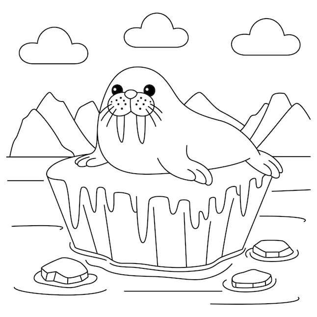 Premium vector walrus lying on the ice coloring page
