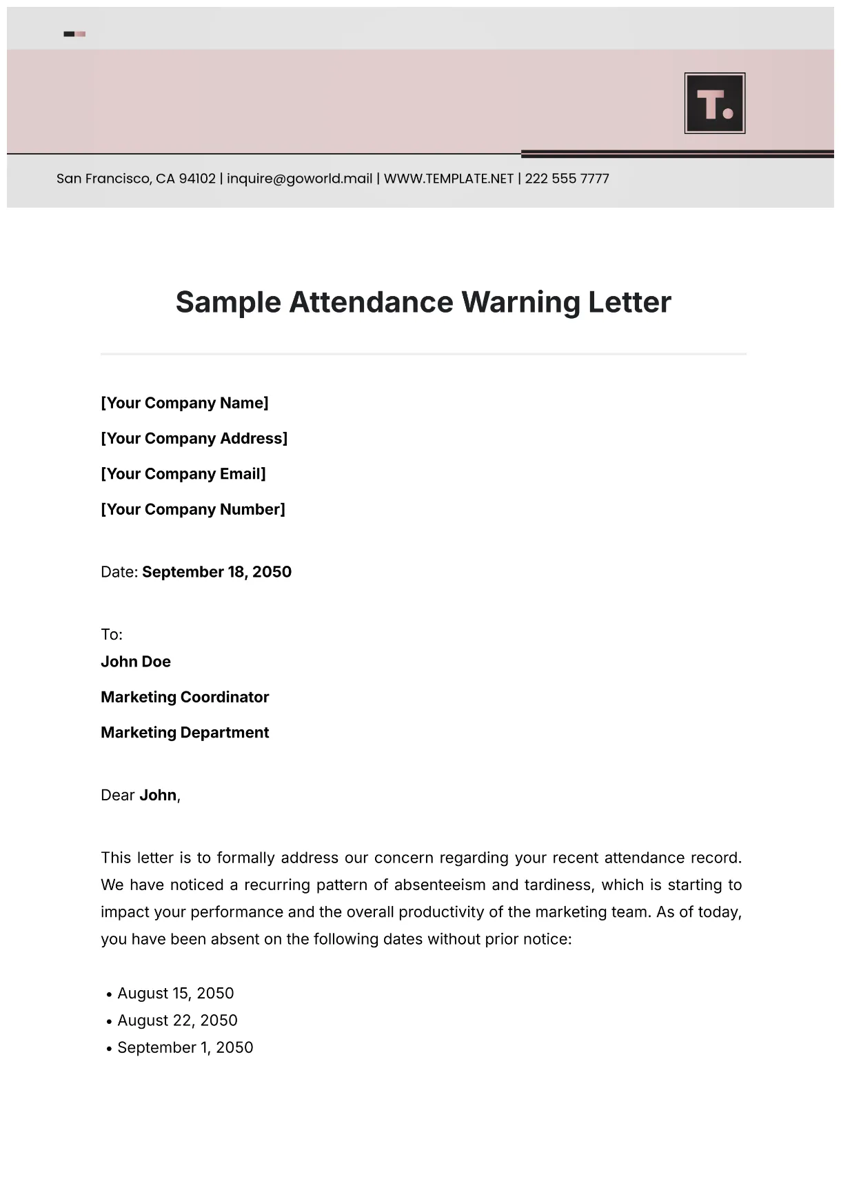 Final warning letter employee attendance management system sle printable coloring page