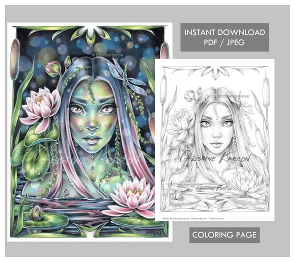 Water Nymph Coloring Page Grayscale Instant Download | Etsy Canada