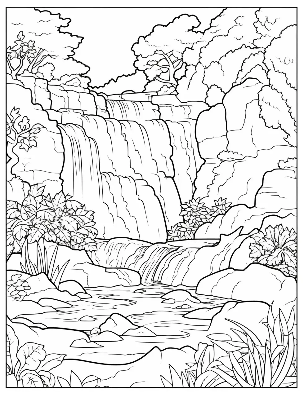 A waterfall in the middle of a forest with trees and flowers on it