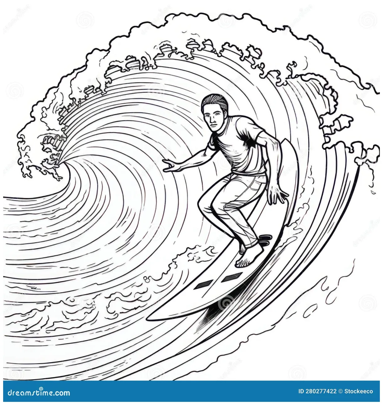 Surfer riding in fisheye lens style stock