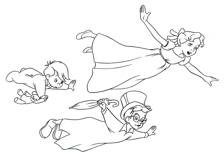 Wendy, John and Michael Darling in flight coloring page - free and