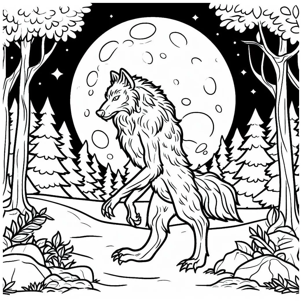 Werewolf and moon coloring page download, print or color online for free