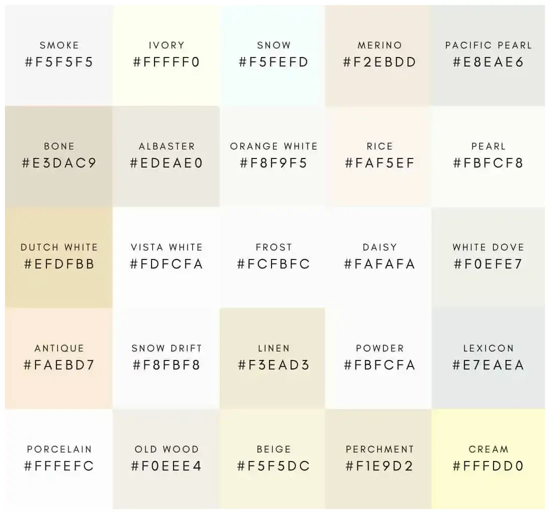 86 Shades of White Color with Names, Hex, RGB, and CMYK