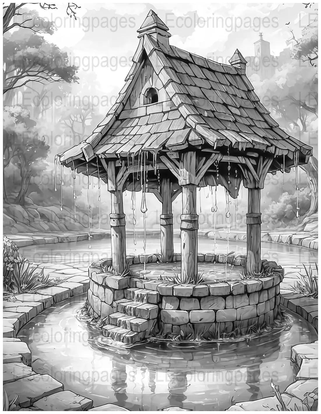 Enchanted , printable grayscale scenery