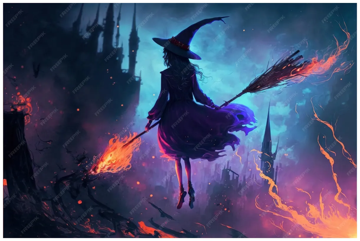 Premium Photo | The witch walks in the sky with magic digital art style