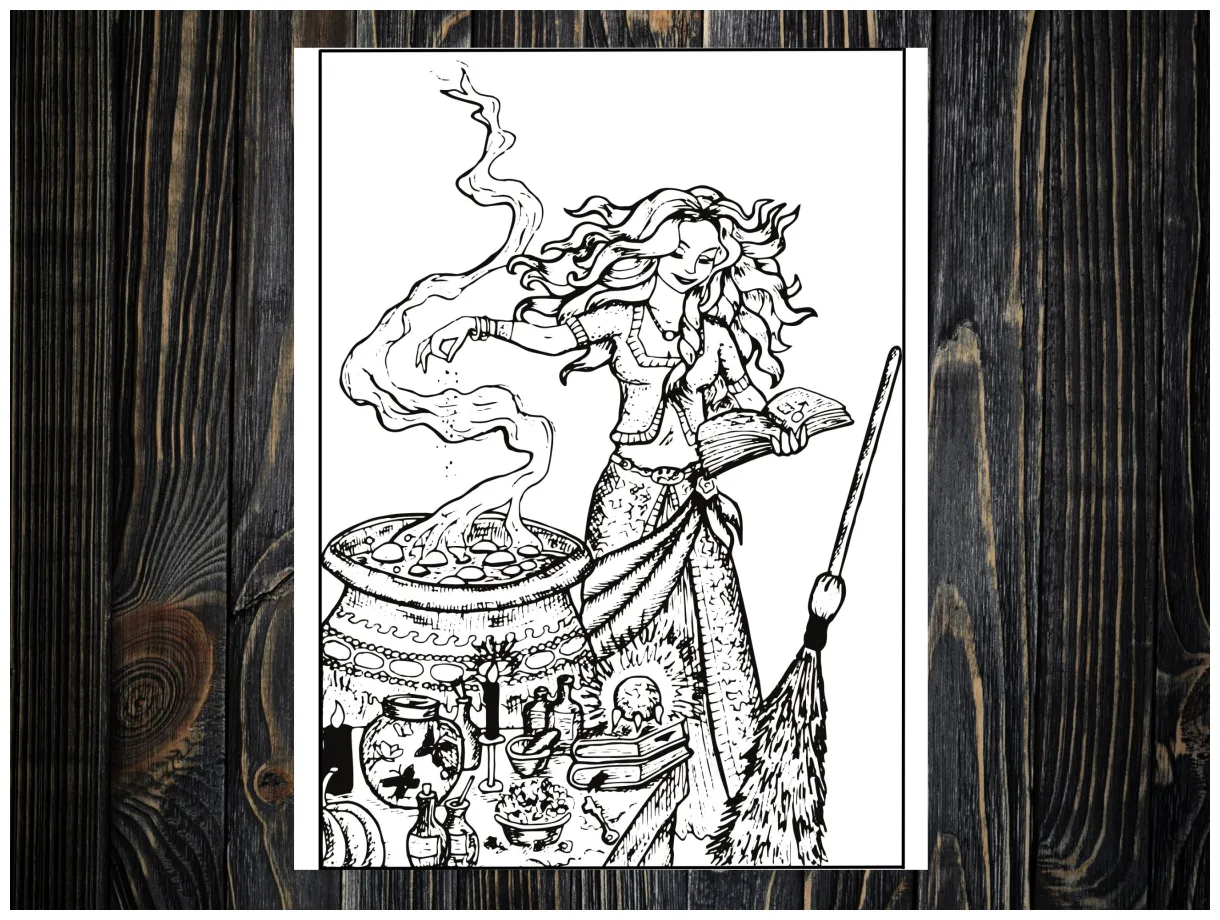 Spellcasting coloring page -- adult coloring page -- witchy coloring printable coloring page