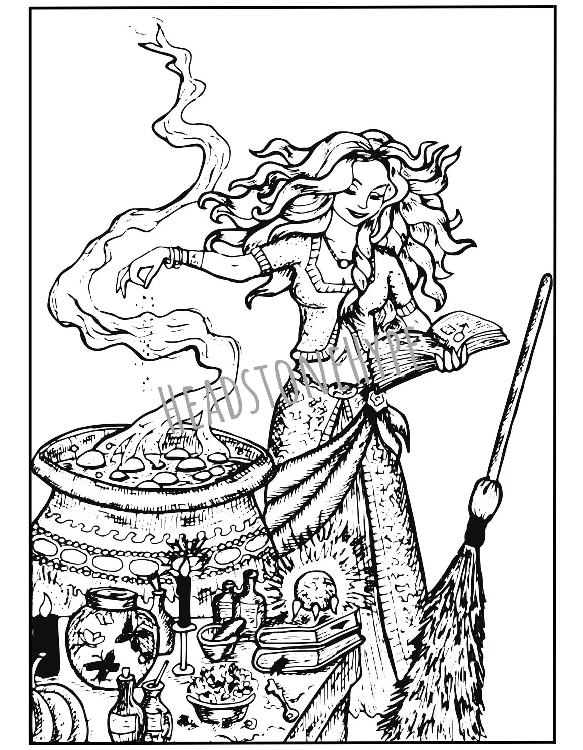 Spellcasting coloring page -- adult coloring page -- witchy coloring