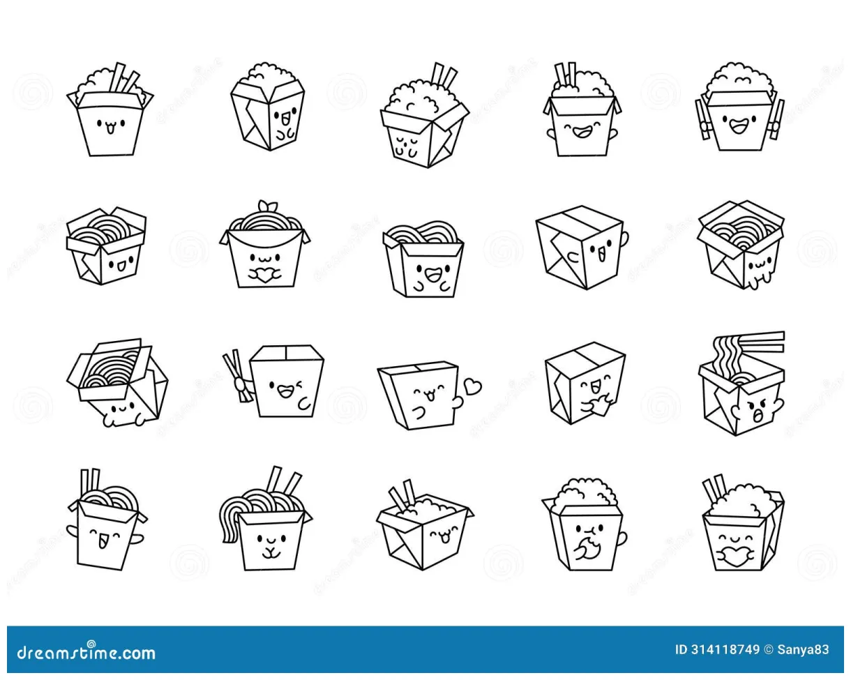 Funny wok box with asian food. coloring page stock vector