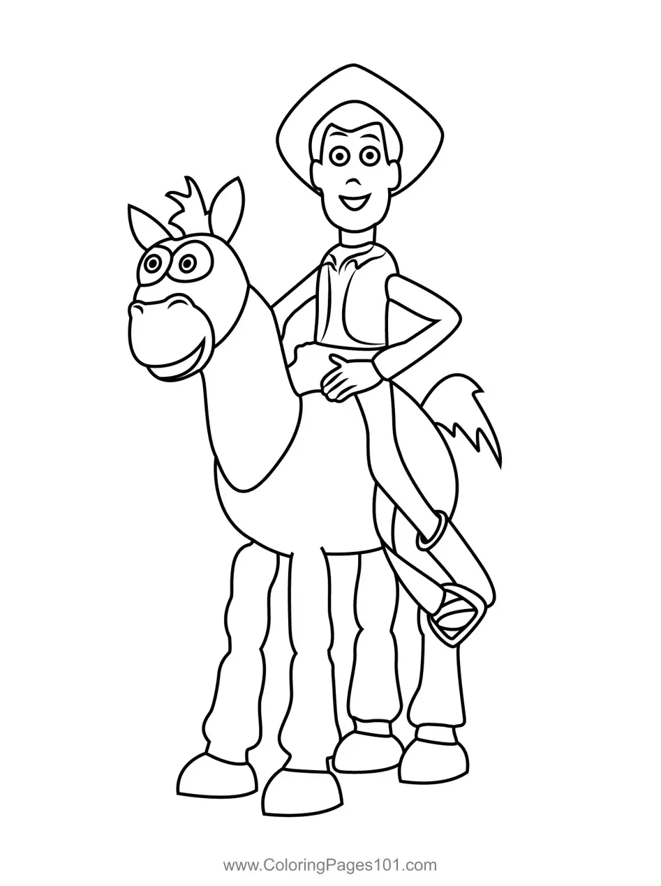 Woody sitting on bullseye coloring page for kids free toy story