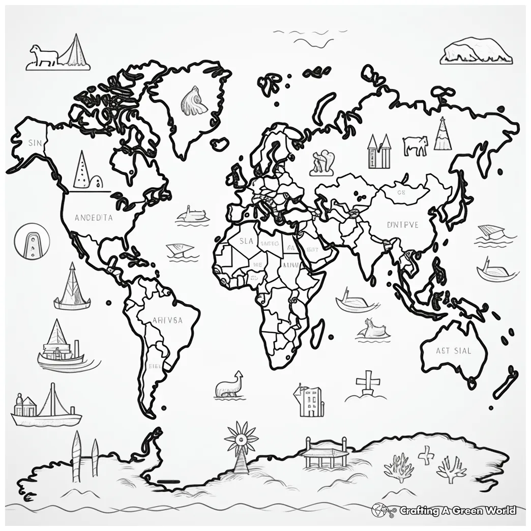 World map with countries coloring page