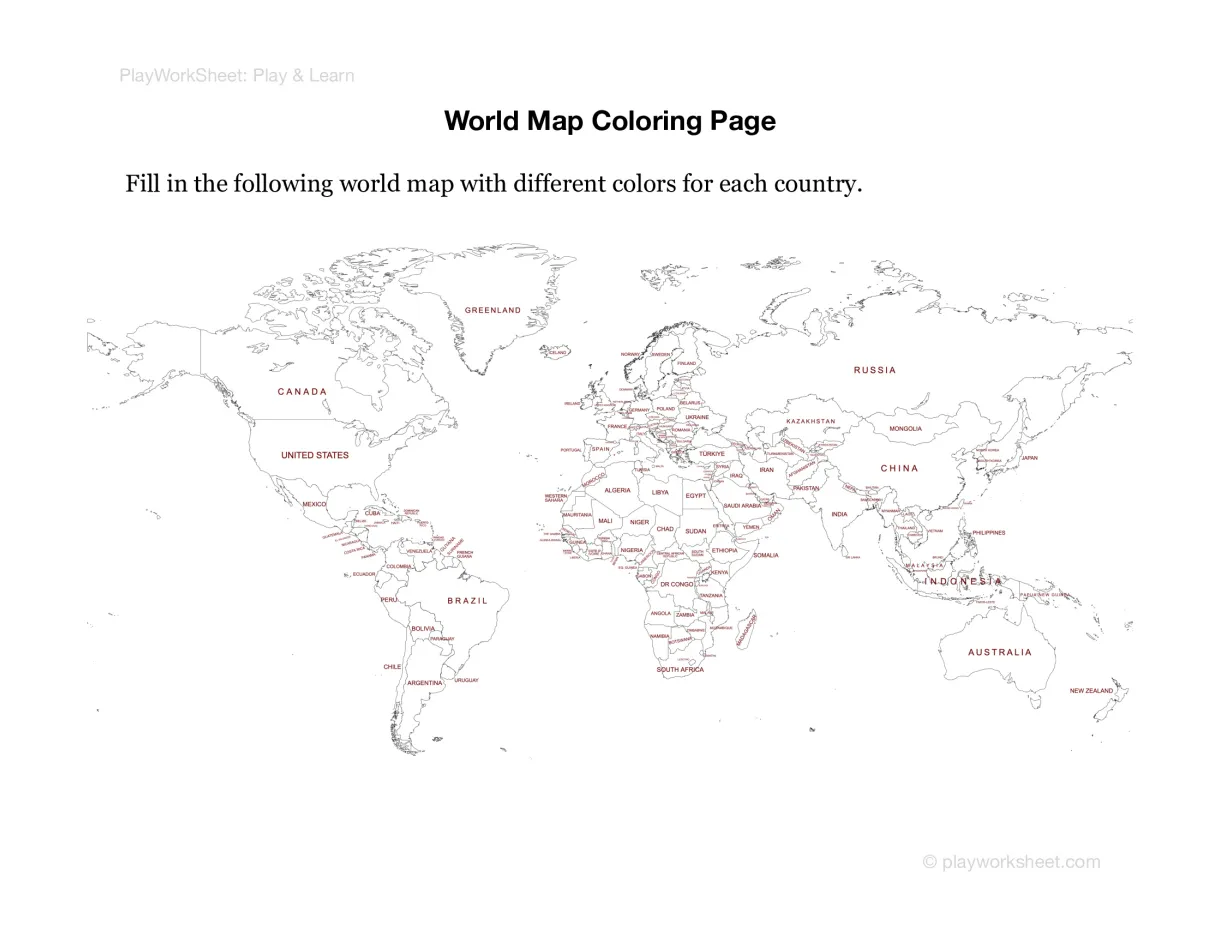 World Map of Countries Coloring Page | Free Printables for Kids