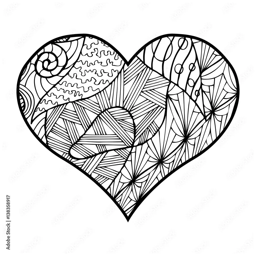Zentangle heart with abstract floral pattern inside. Design element for