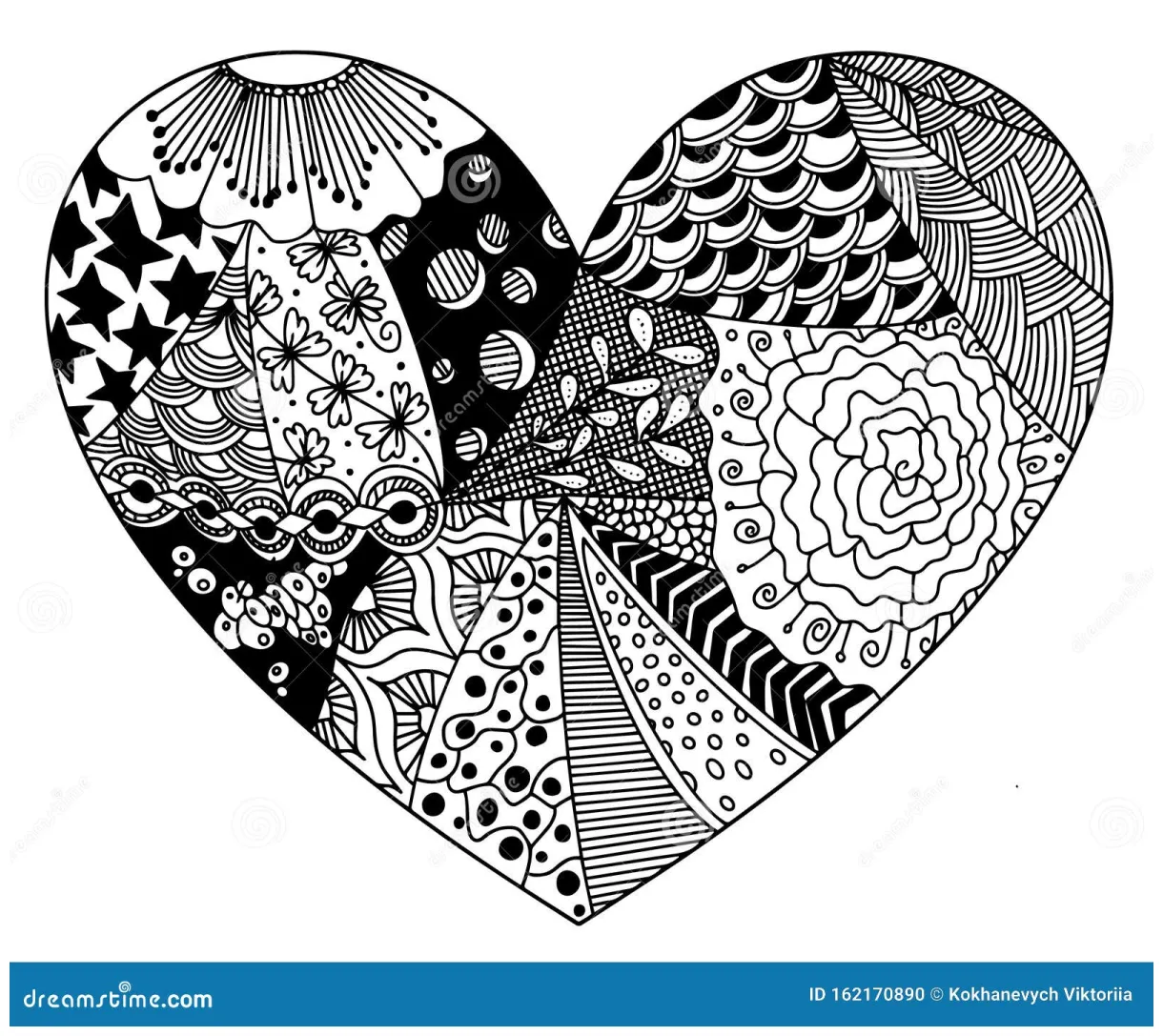 Vector Coloring from Zentangle Patterns in the Form of Heart. Stock