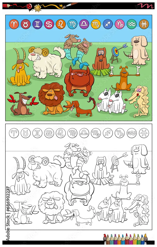 Cartoon dogs animal characters as zodiac signs coloring page stock