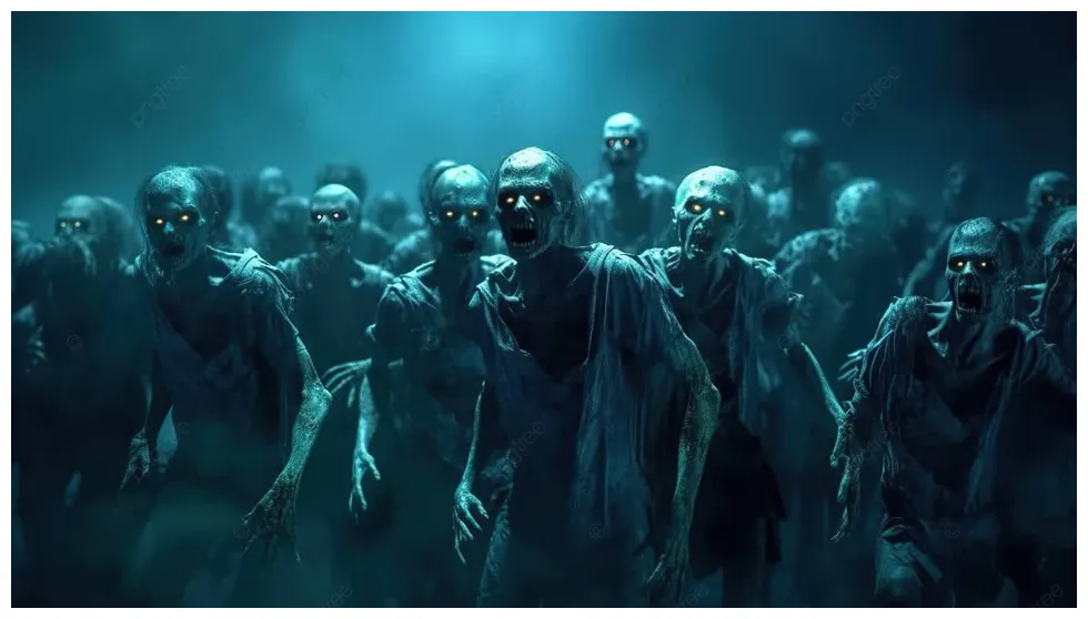 Horde of terrifying zombies swarm evoking halloween horror 3d render